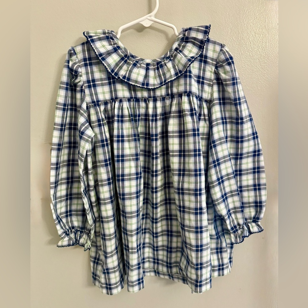 Shrimp & Grits Kids Boutique Blue Plaid Baby Doll Tunic Top Ruffle Girl’s 8 M